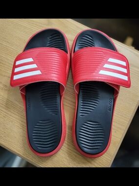 Adidas Red and Black Slide Sandals with White Stripes
